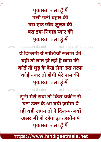 lyrics of song Pukarta Chala Hoon Main Gali Gali Bahaar