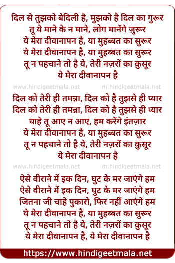 lyrics of song Dil Se Tujhko Be Dili Hai, Ye Mera Diwanapan Hai