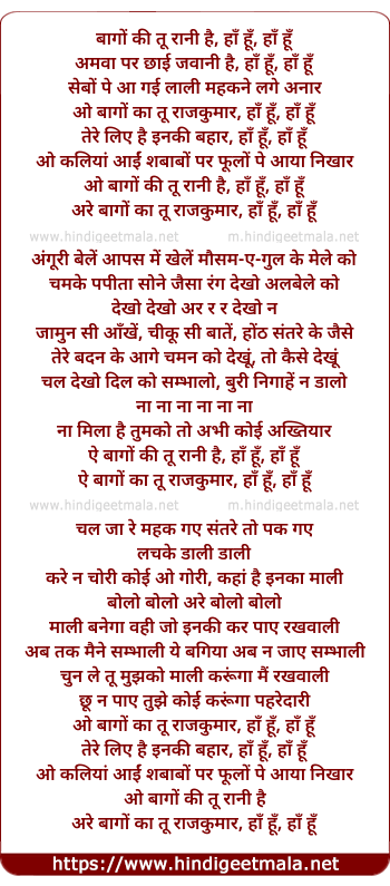 lyrics of song Bagon Ki Tu Rani Hai