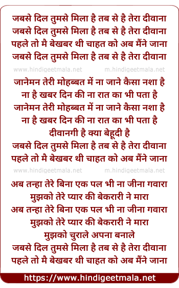 lyrics of song Jab Se Dil Tumse Mila Hai