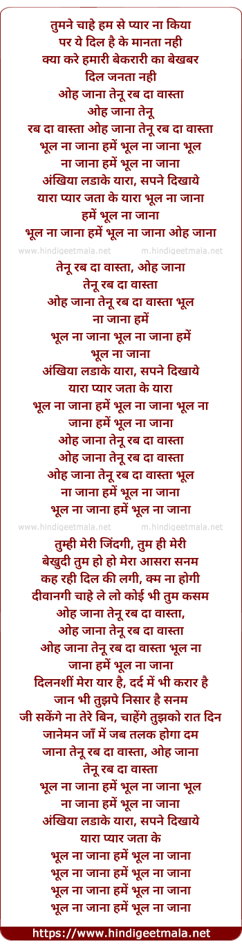 lyrics of song Jana Tenu Rab Da Vasta