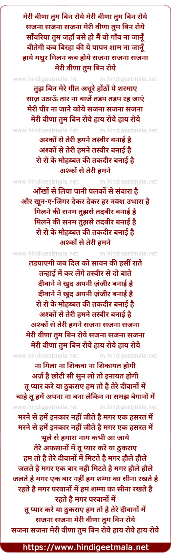 lyrics of song Meri Veena Tum Bin Roye