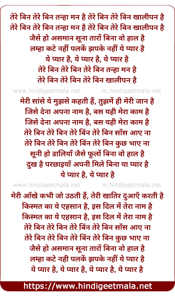 lyrics of song Tere Bin Tanaha Mann Hai