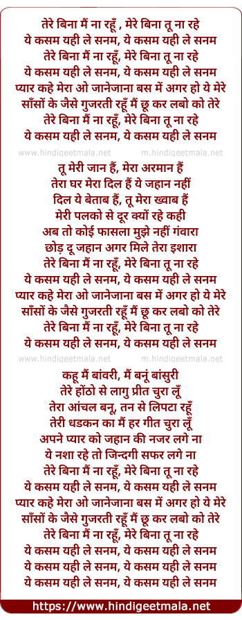 lyrics of song Tere Bina Mai Naa Rahu