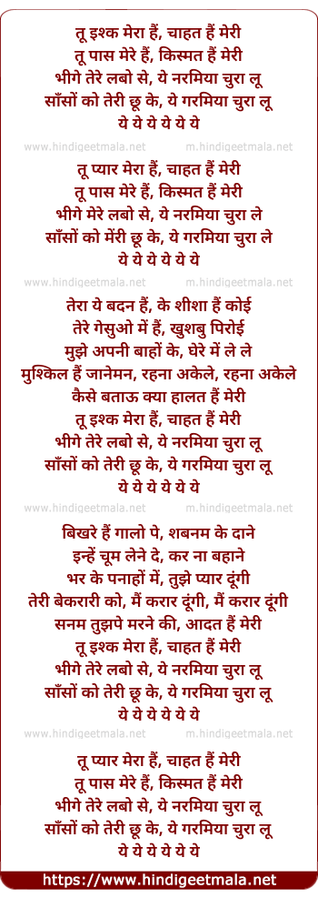 lyrics of song Tu Ishq Mera Hai, Chahat Hai Meri