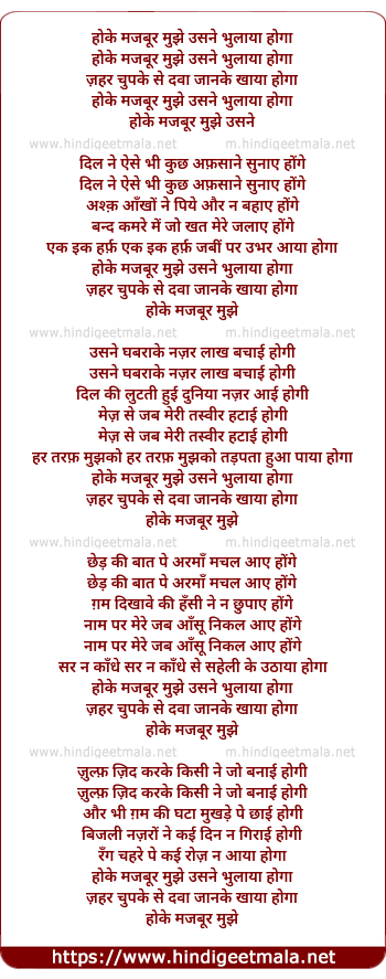 lyrics of song Hoke Majbur Mujhe Usne Bhulaya Hoga