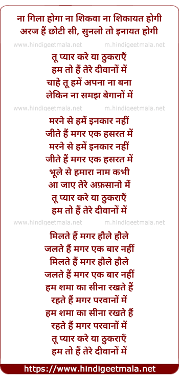 lyrics of song Tu Pyaar Kare Ya Thukraye, Hum To Hai Tere Diwano Me