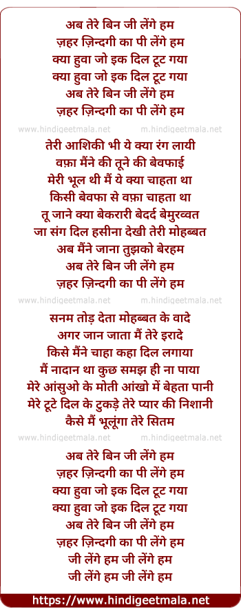 lyrics of song Ab Tere Bin Ji Lenge Ham, Zahar Zindagi Ka Pi Lenge Ham