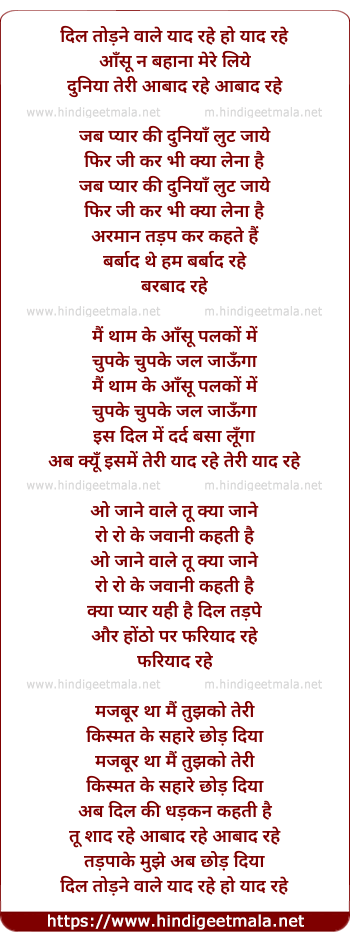 lyrics of song Tadapaa Ke Mujhe Ab Chhod Diyaa