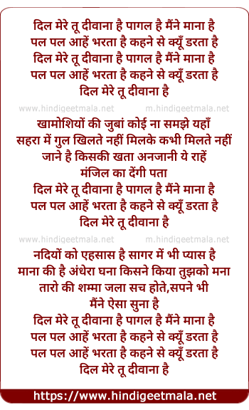 lyrics of song Dil Mere Tu Diwana Hai Paagal Hai Maine Mana Hai