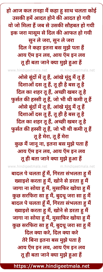 lyrics of song I Am In Love Tu Hi Bataa Jaane Kya Mujhe Hua Hai