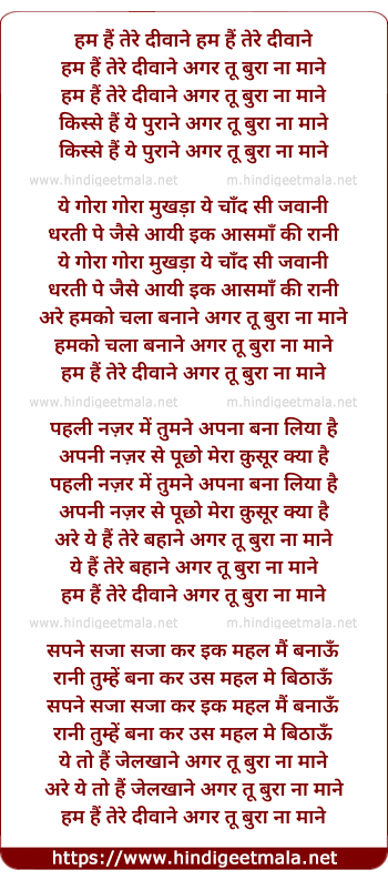 lyrics of song Hum Hai Tere Diwane Gar Tu Bura Na Mane