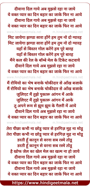 lyrics of song Diwana Dil Gaye, Ab Mujhse Raha Na Jaye