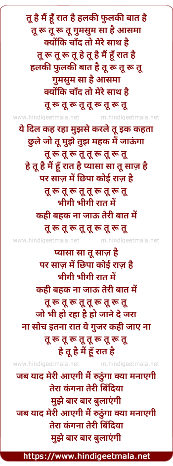 lyrics of song Tu Hai Main Hoon Raat Hai