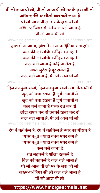 lyrics of song Pee Lo Aaj Pee Lo Mar Ke Zara Jee Lo
