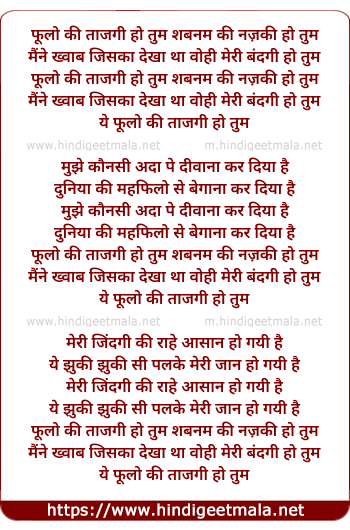 lyrics of song Phulo Ki Tajgi Ho Tum Shabnam Ki Nazki Ho Tum