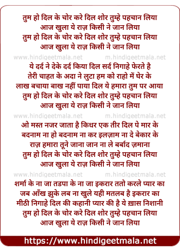 lyrics of song Tum Ho Dil Ke Chor Kare Dil Shor, Tumhe Pehchan Liyaa