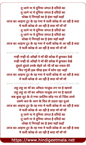 lyrics of song Tu Jane Naa Ye Duniya Jungle Hai Darindo Ka