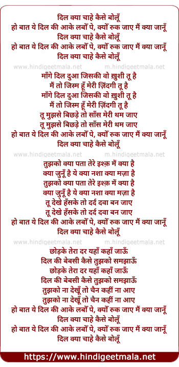 lyrics of song Dil Kya Chahe Kaise Bolu