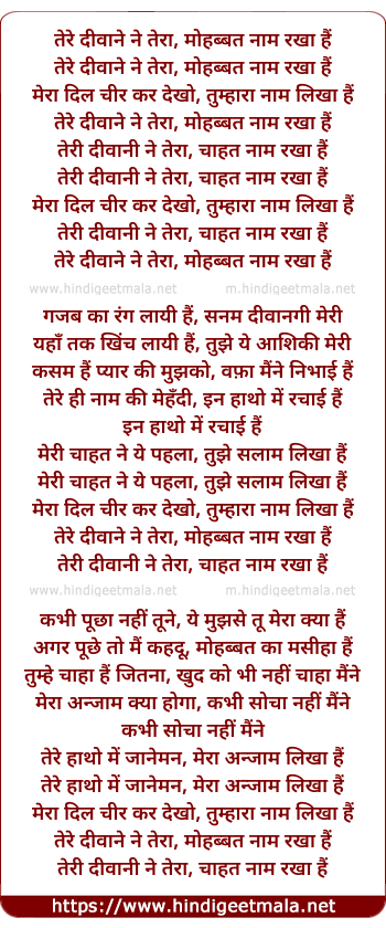 lyrics of song Tere Deewane Ne Tera Mohhabat Naam Rakha Hai