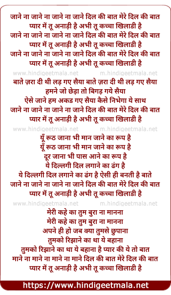 lyrics of song Jaane Na Jaane Dil Ki Baat, Mere Dil Ki Baat