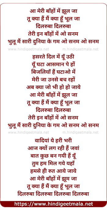 lyrics of song Aa Meri Baaho Me Jhool Jaa, Tu Kya Hai Mai Kya Hu Bhool Jaa