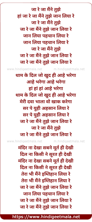 lyrics of song Jaa Re Ja Maine Tujhe Jaan Liya