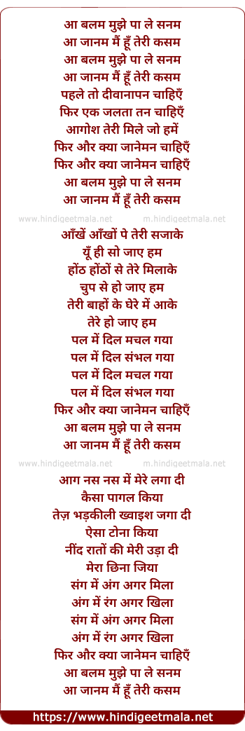 lyrics of song Aa Balam Mujhe Pa Le Sanam