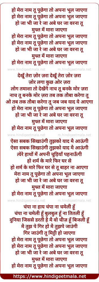 lyrics of song Mera Naam Tu Puchega To Apna Bhul Jayga