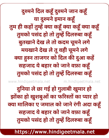 lyrics of song Tumko Pasand Ho Toh Tumhe Dilruba Kahu