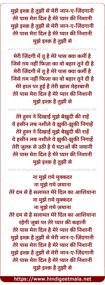 lyrics of song Mujhe Ishq Hai Tujhi Se, Meri Jaan E Jindgani