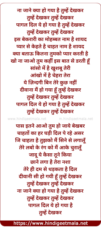 lyrics of song Na Jaane Kya Ho Gaya Hai Tumhe Dekhkar