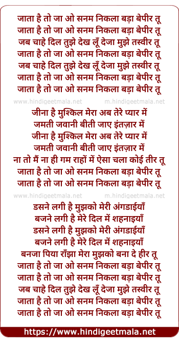 lyrics of song Jata Hai To Ja O Sanam, Nikla Bada Bepeer Tu