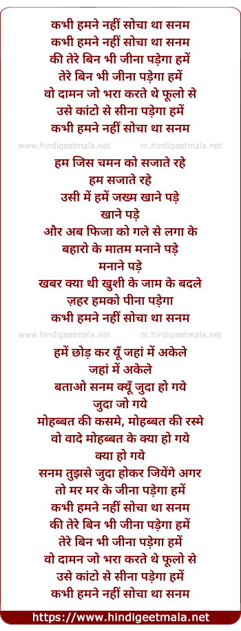 lyrics of song Kabhi Humne Nahi Socha Tha Sanam