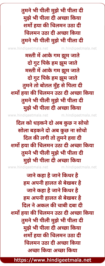 lyrics of song Tumne Bhi Pee Li Mujhe Bhi Pila Di