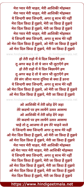 lyrics of song O Mera Dil Fida Hai Tujhpe (Version 2)