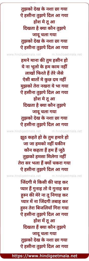 lyrics of song Tujhko Dekh Ke Nasha Chha Gaya