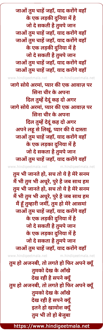 lyrics of song Jaao Tum Chahe Jaha Yaad Karoge Waha (2)