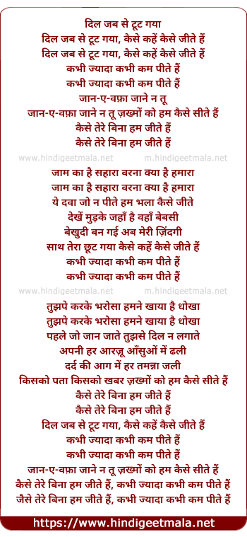 lyrics of song Dil Jab Se Tut Gaya Kaise Kahe Kaise Jite