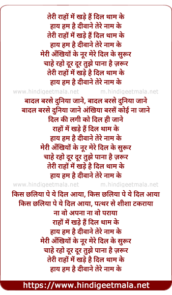 lyrics of song Teri Raho Me Khade Hai Dil Tham Ke