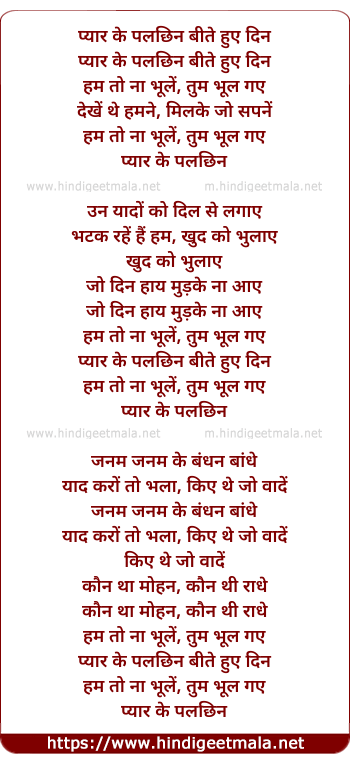 lyrics of song Pyar Ke Pal Chin Bite Hue Din Ham To Na Bhoole (Male))
