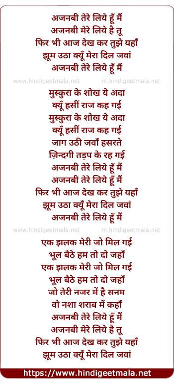lyrics of song Ajnabi Tere Liye Hu Mai