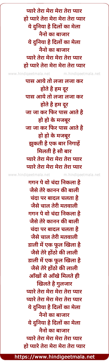 lyrics of song Pyari Tera Mera Mera Tera Pyar
