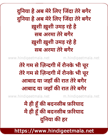 lyrics of song Duniya Hai Ab Mere Liye Jinda
