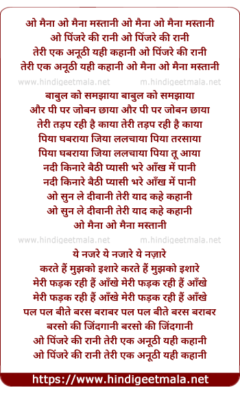 lyrics of song O Maina Mastani O Pinjare Ki Rani