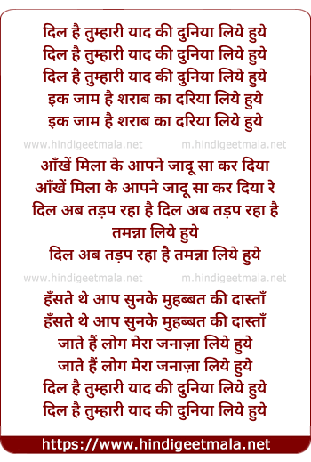 lyrics of song Dil Hai Tumhari Yaad Ki Duniya Liye Huye