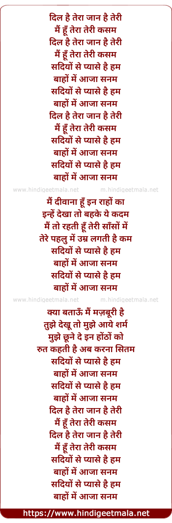 lyrics of song Dil Hai Tera Jaan Hai Teri Mai Hu Tera