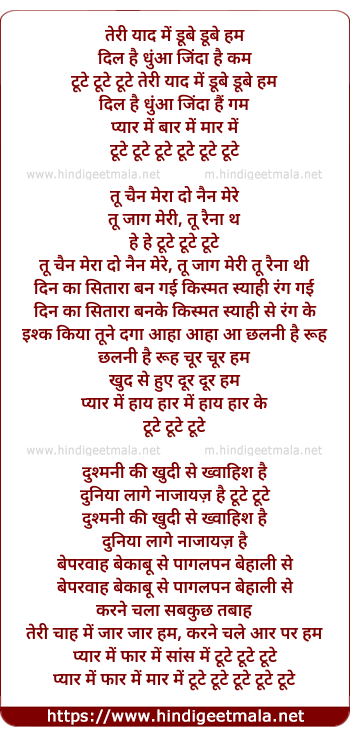 lyrics of song Teri Yaad Me Dube Dube Hum (Tutey)