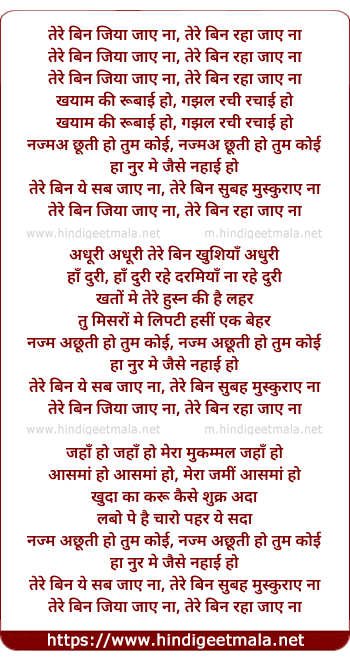 lyrics of song Tere Bin Jiya Jaye Naa