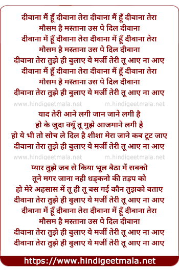 lyrics of song Deewana Tera